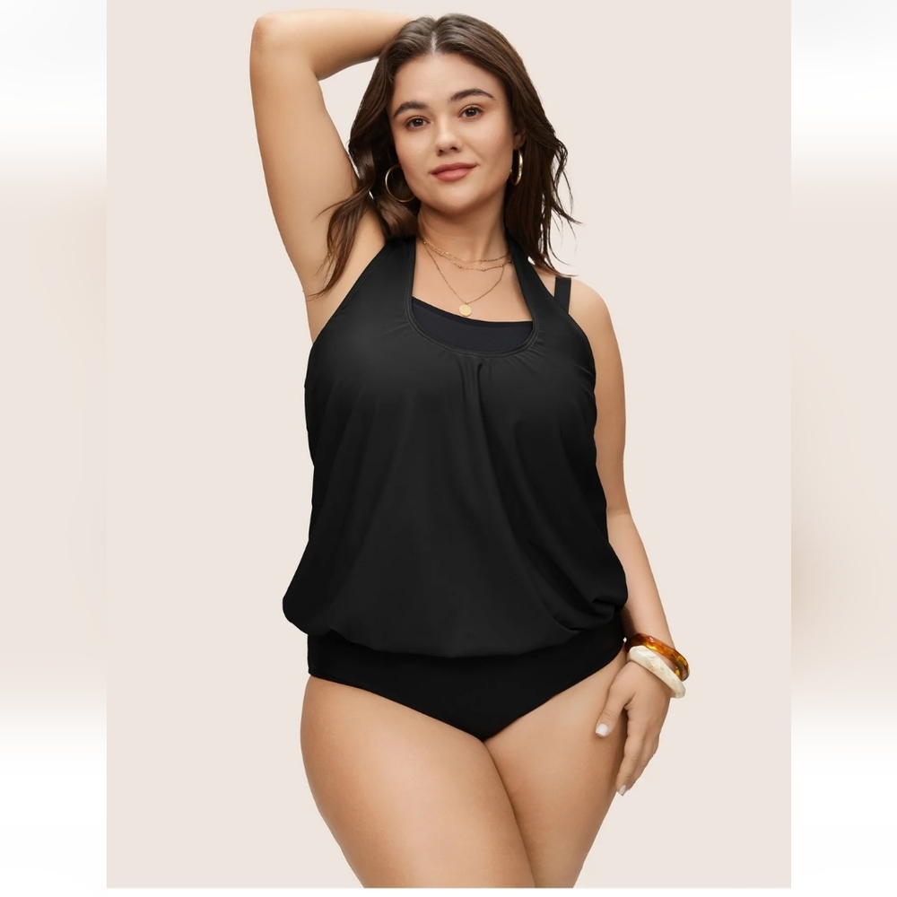 NWT Swimsuit Plus Size 30 One Piece Wireless  Black Halter Blousy Bloom Chic●